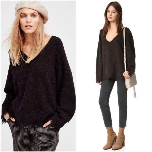 Free People Sweater Irresistible Fringe Wool-Linen V-Neck Marled Dark Brown - Picture 2 of 8